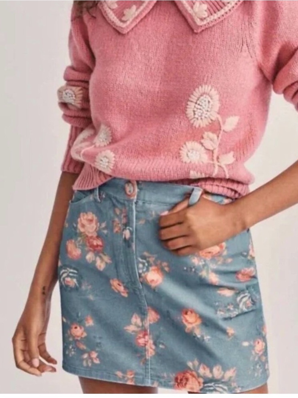 LoveShackFancy Pink & Blue Floral Denim Mini Skirt